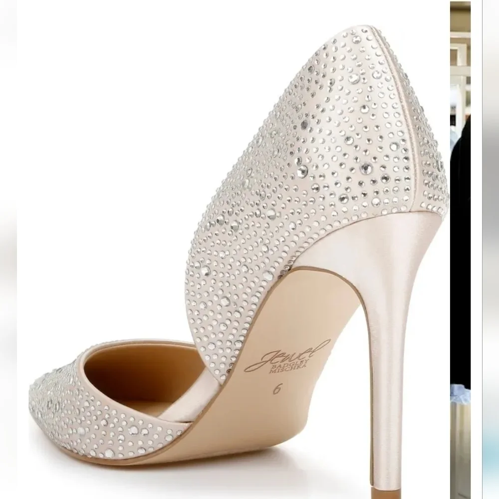 Jewel by Badgley Mischka Champagne Satin Rhinestone Stiletto D'Orsay Pump 8